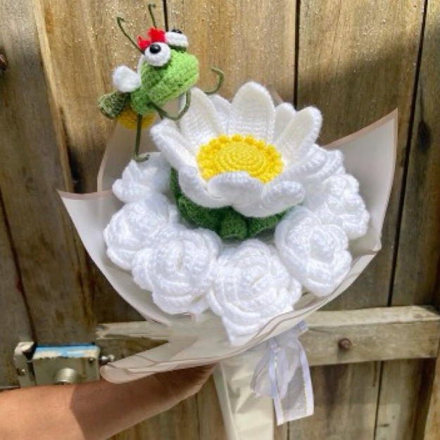 Bouquet au crochet avec fleur de lotus, lucioles et rose blanche géante - Cadeau princesse grenouille pour la décoration intérieure, mariages, rayon vert