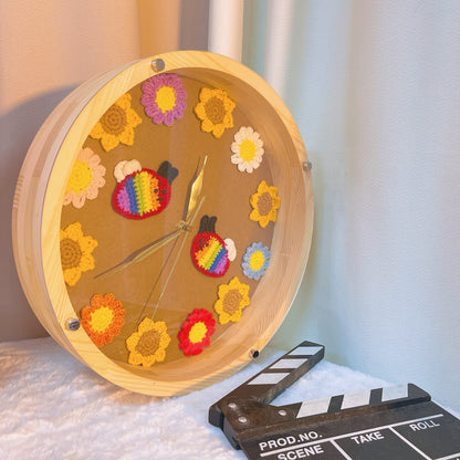 Handcrafted Wooden Round Wall Clock with Crochet Daisy, Sunflower, and Colorful LGBT Bees - Unique Home Decor, Nature-Inspired Gift for Living Room, Kitchen, Bedroom