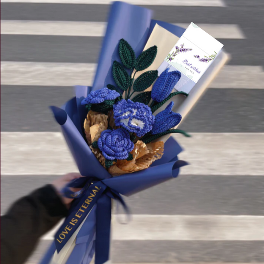 Bouquet floral vintage bleu marine avec roses, œillets et tulipes - Cadeau de fleurs artisanales japonaises élégantes faites à la main pour elle souffrant d'allergie au rhume des foins