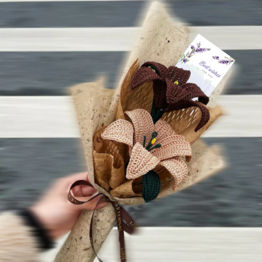 Handmade Crocheted Vintage-Style Lily Bouquet - Brown Tones, Hypoallergenic Option