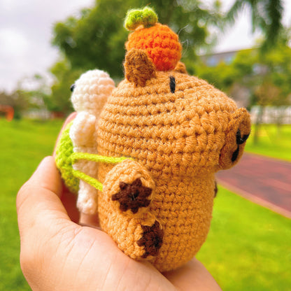 Crocheted Capybara Ornament with Removable Turtle Backpack, Unique Decorative Figurine for Best Friend Gift, Home, Office, or Holiday Decor