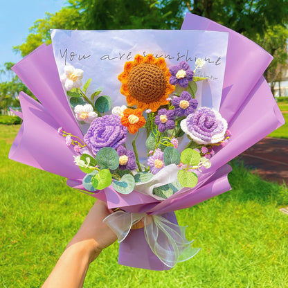 Handmade Sunflower Crochet Bouquet Arrangement with Rose, and Cream Puff with Money Leaf and Baby's Breath – Perfect Allergy-Friendly Gift for Birthday Anniversary Get Well – Available in Pink, Blue, Purple, and Yellow Wrapping