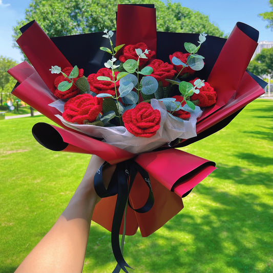 Exquisiter handgefertigter Häkelstrauß aus 9 umgedrehten Rosen – perfekt für Geburtstag, Jahrestag, Geschenk für Sie, Hochzeitsgeschenke, Valentinstag oder jeden individuellen Anlass