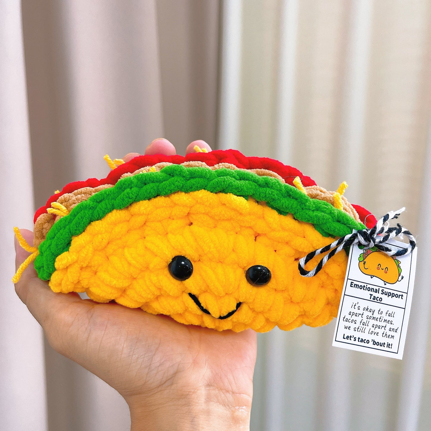 Handmade Crochet Emotional Support Mexican Taco Plush Toy with Customizable Text Friendship Positive Companion Gift