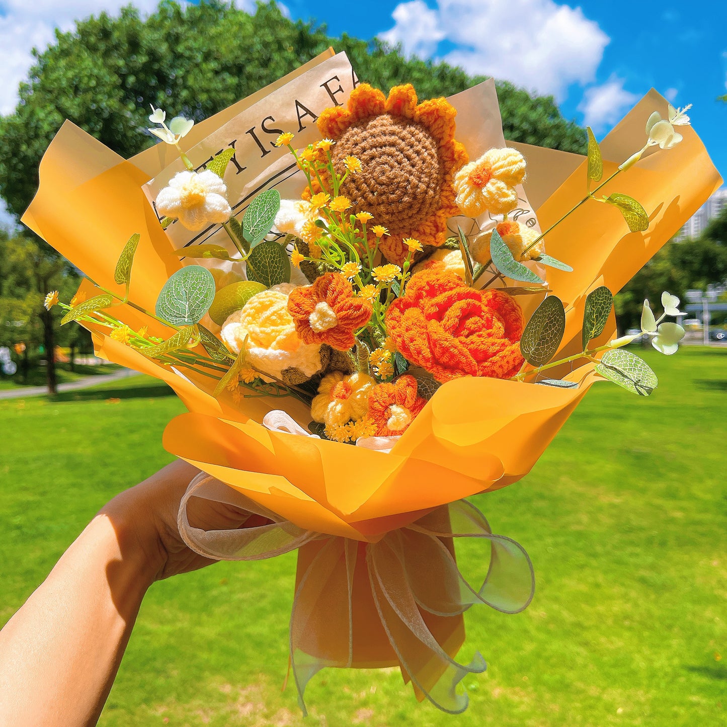 Handmade Sunflower Crochet Bouquet Arrangement with Rose, and Cream Puff with Money Leaf and Baby's Breath – Perfect Allergy-Friendly Gift for Birthday Anniversary Get Well – Available in Pink, Blue, Purple, and Yellow Wrapping