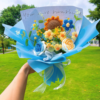 Handmade Sunflower Crochet Bouquet Arrangement with Rose, and Cream Puff with Money Leaf and Baby's Breath – Perfect Allergy-Friendly Gift for Birthday Anniversary Get Well – Available in Pink, Blue, Purple, and Yellow Wrapping