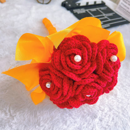 Handheld Bridal Crochet Flower Bouquet - Allergy-Friendly, 7 Red Roses with Pearl Accents, and Gradient White-Yellow-Orange Rose - Perfect for Weddings, Anniversaries, and Special Occasions