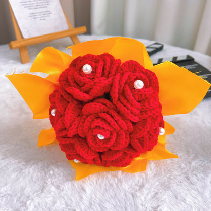 Handheld Bridal Crochet Flower Bouquet - Allergy-Friendly, 7 Red Roses with Pearl Accents, and Gradient White-Yellow-Orange Rose - Perfect for Weddings, Anniversaries, and Special Occasions