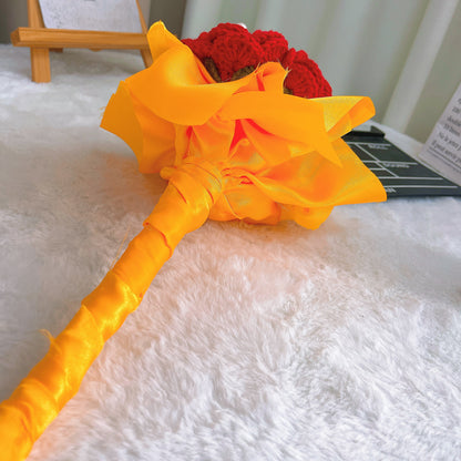 Handheld Bridal Crochet Flower Bouquet - Allergy-Friendly, 7 Red Roses with Pearl Accents, and Gradient White-Yellow-Orange Rose - Perfect for Weddings, Anniversaries, and Special Occasions