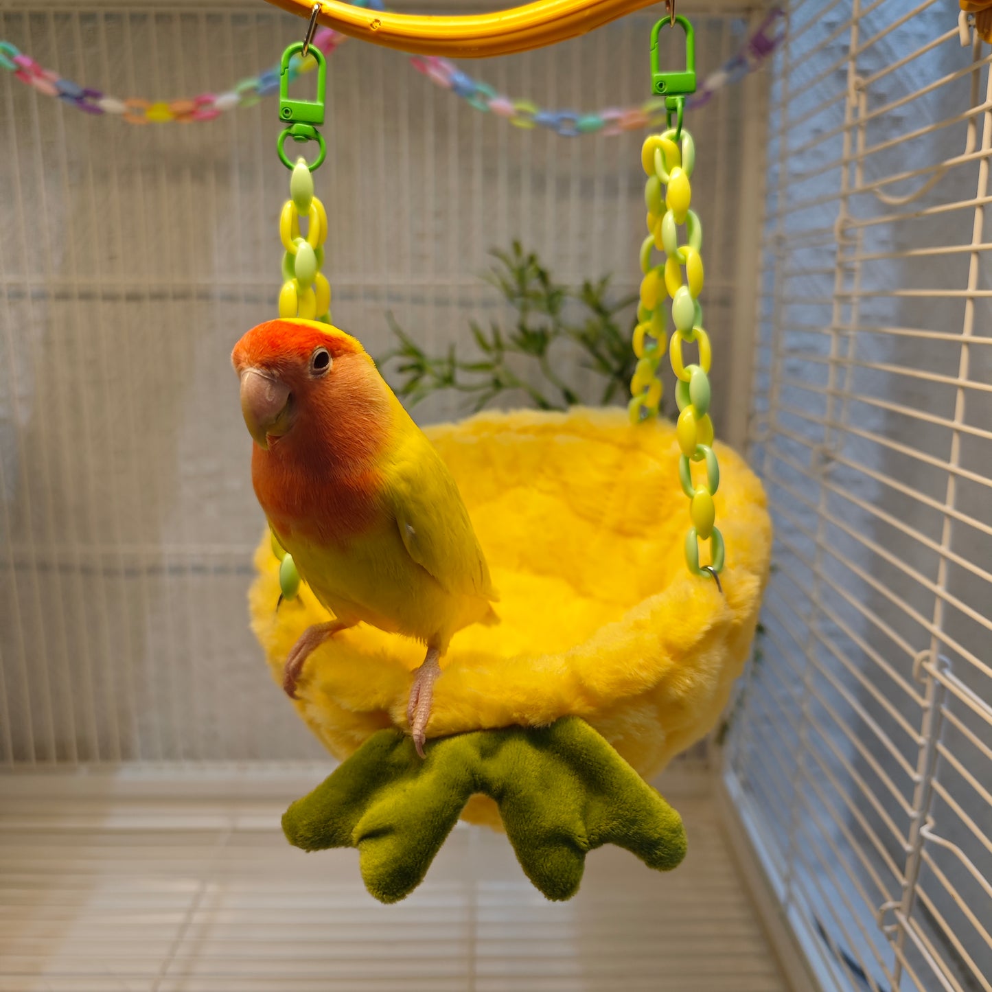 Nid d'oiseau perroquet au design d'ananas heureux, équipé de crochets et de chaînes en plastique, adapté à une utilisation en cage, forme demi-lune remplie de coton, offrant un endroit pour dormir confortable pour les oiseaux de compagnie.