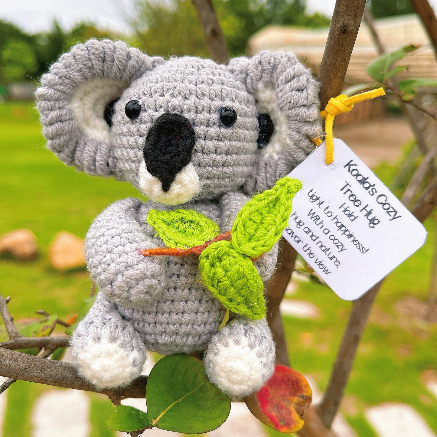 Handcrafted Supportive Koala Crochet Tree Hug Plushie - Cute Plush Ornament with Big Ears, Black Nose, Tree Branch & Customizable Inspirational Card - Perfect Gift for Nature Lovers, Birthdays, Baby Showers, Home Decor