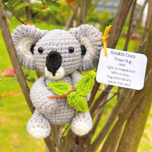 Handcrafted Supportive Koala Crochet Tree Hug Plushie - Cute Plush Ornament with Big Ears, Black Nose, Tree Branch & Customizable Inspirational Card - Perfect Gift for Nature Lovers, Birthdays, Baby Showers, Home Decor