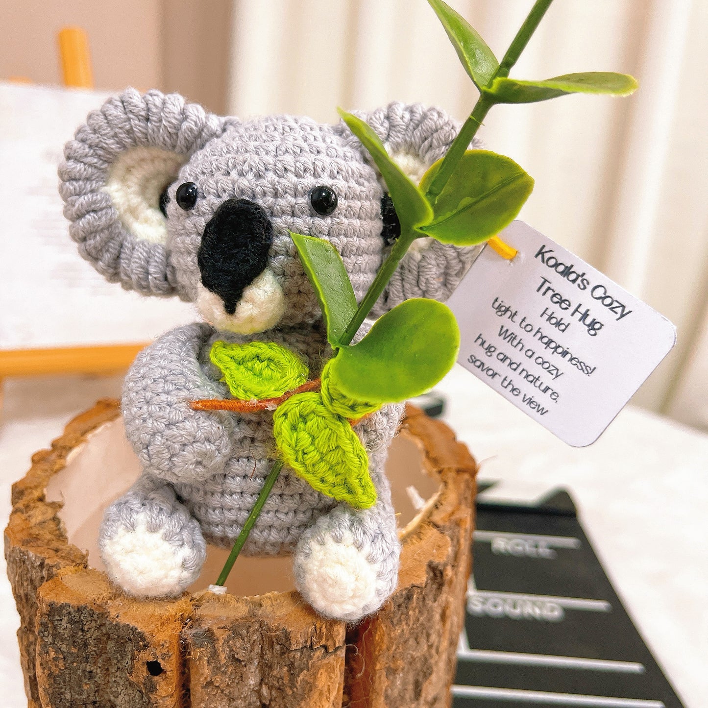 Handcrafted Supportive Koala Crochet Tree Hug Plushie - Cute Plush Ornament with Big Ears, Black Nose, Tree Branch & Customizable Inspirational Card - Perfect Gift for Nature Lovers, Birthdays, Baby Showers, Home Decor