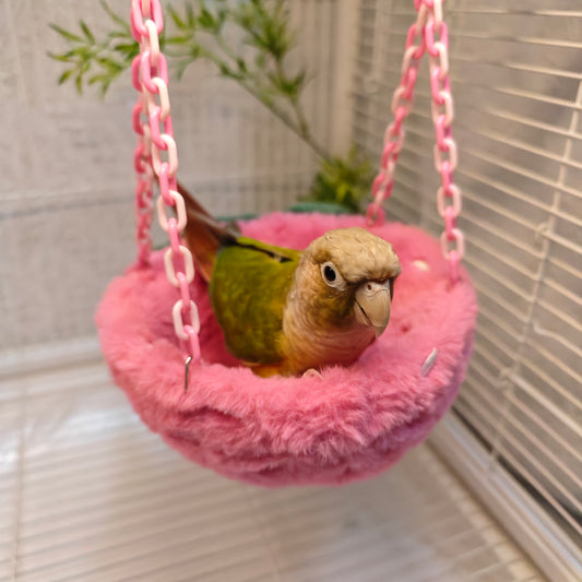 Happy Strawberry Design Parrot Bird Nest, equipped with hooks and plastic chains, suitable for cage use. The cotton-filled half-moon shape provides a comfortable sleeping spot for pet birds.