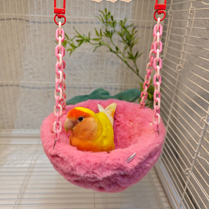 Happy Strawberry Design Parrot Bird Nest, equipped with hooks and plastic chains, suitable for cage use. The cotton-filled half-moon shape provides a comfortable sleeping spot for pet birds.