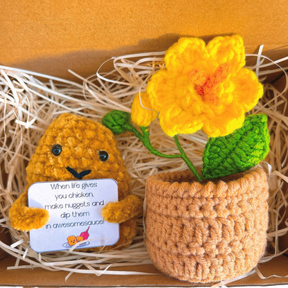 Personalized Nugget and Crochet Mini Plant Pot Bundle with Positive Quote - Recovery Inspiring Gift New Year Resolution