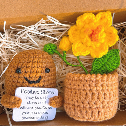 Custom Text Positive Zen Stone with Knitted Flowers Pot Handmade Crochet Potato New Year Resolution Stay Strong