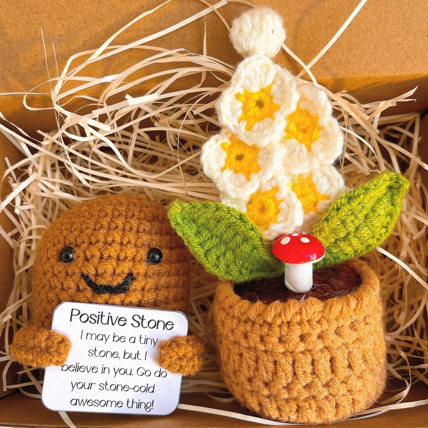 Custom Text Positive Zen Stone with Knitted Flowers Pot Handmade Crochet Potato New Year Resolution Stay Strong