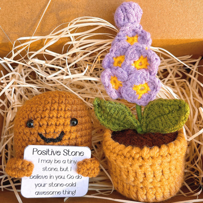 Custom Text Positive Zen Stone with Knitted Flowers Pot Handmade Crochet Potato New Year Resolution Stay Strong