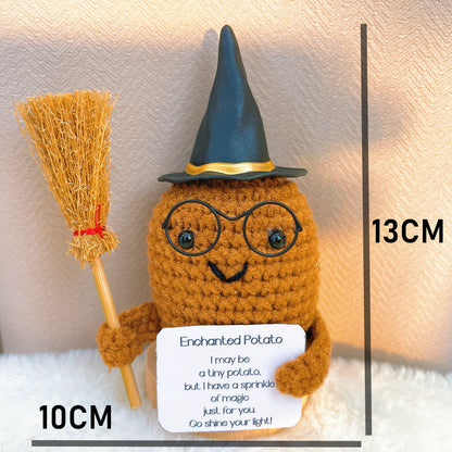 Handmade Crochet Enchanted Harry Potato Plushie - Cute Halloween Magical Sorcery Spell Decor with Customizable Positive Card, Black Glasses, Witch Hat, Good Luck Charm, Unique Gift for Home & Holiday Celebrations