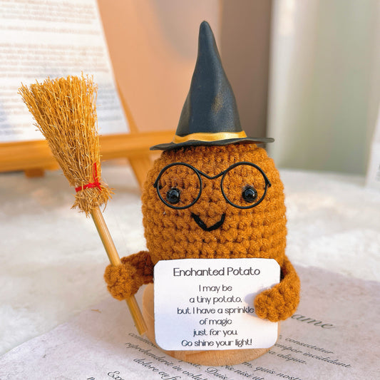 Handmade Crochet Enchanted Harry Potato Plushie - Cute Halloween Magical Sorcery Spell Decor with Customizable Positive Card, Black Glasses, Witch Hat, Good Luck Charm, Unique Gift for Home & Holiday Celebrations