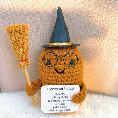 Handmade Crochet Enchanted Harry Potato Plushie - Cute Halloween Magical Sorcery Spell Decor with Customizable Positive Card, Black Glasses, Witch Hat, Good Luck Charm, Unique Gift for Home & Holiday Celebrations