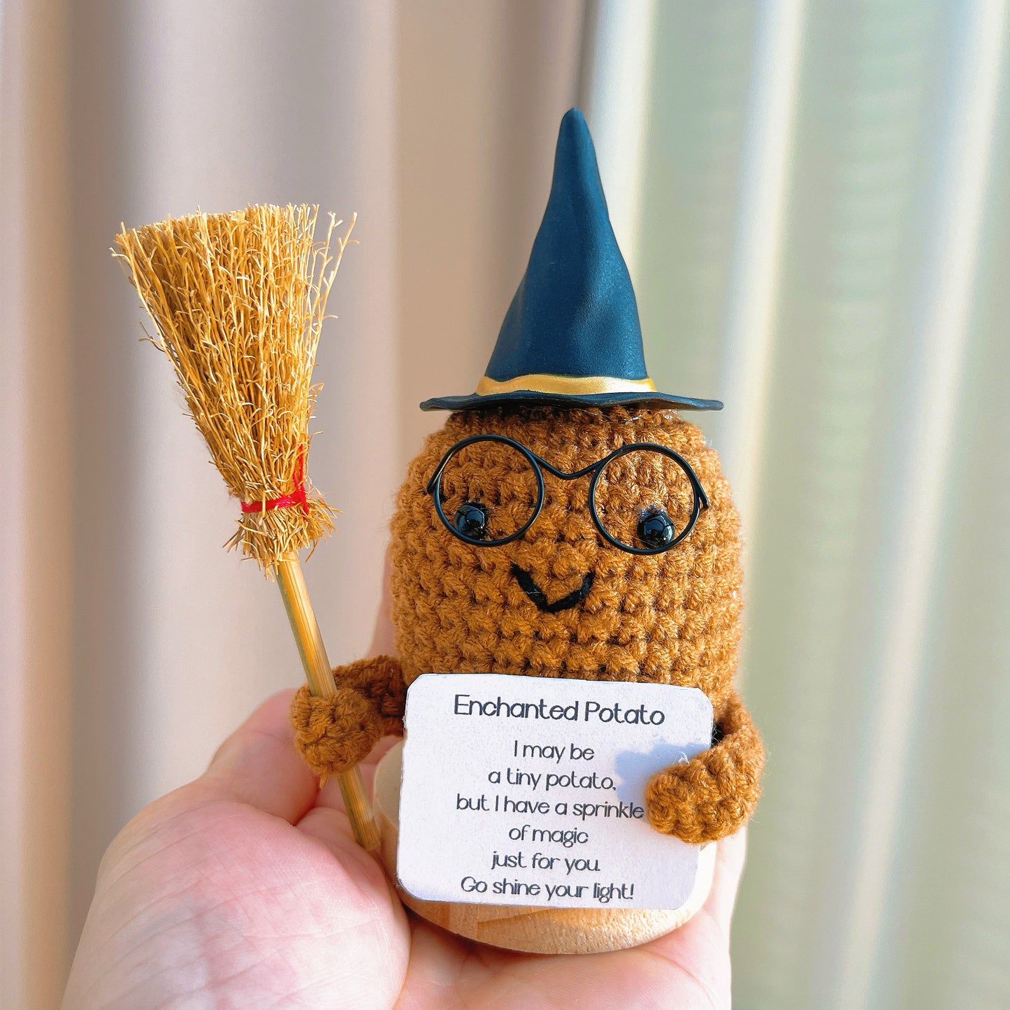 Handmade Crochet Enchanted Harry Potato Plushie - Cute Halloween Magical Sorcery Spell Decor with Customizable Positive Card, Black Glasses, Witch Hat, Good Luck Charm, Unique Gift for Home & Holiday Celebrations