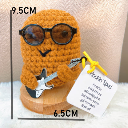 Handmade Crochet Rockin' Spud Plushie - Potato Decor with Positive Customizable Card, Sunglasses &  Guitar Hero, Perfect Gift for Rock & Roll Music Lovers & Home Decor