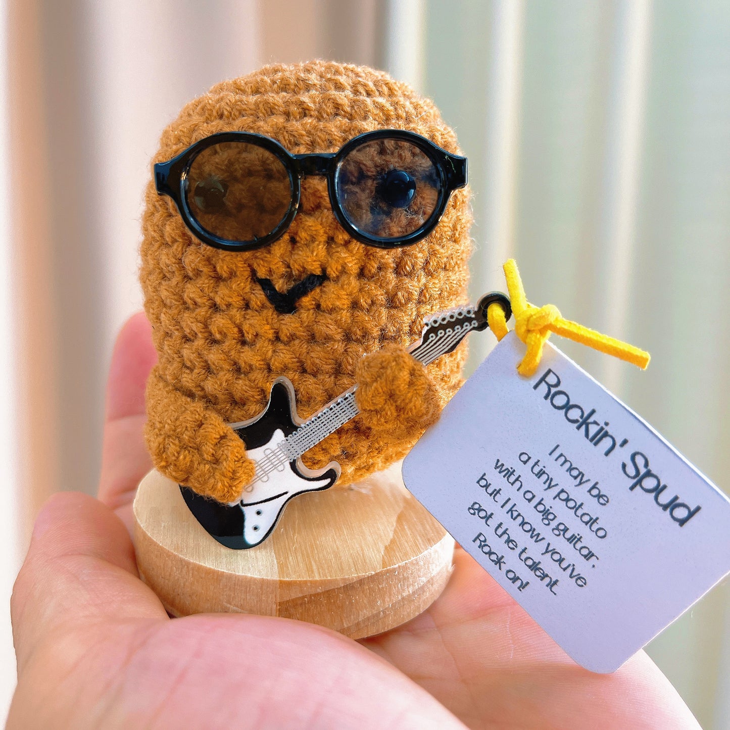 Handmade Crochet Rockin' Spud Plushie - Potato Decor with Positive Customizable Card, Sunglasses &  Guitar Hero, Perfect Gift for Rock & Roll Music Lovers & Home Decor