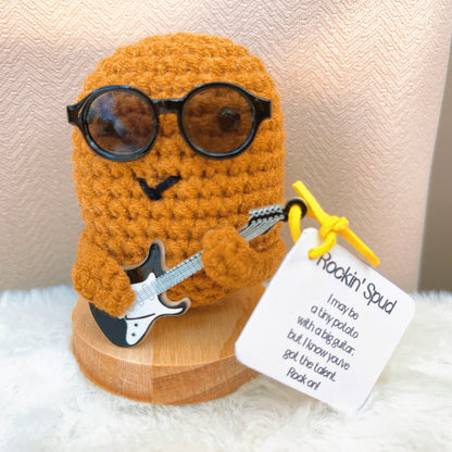 Handmade Crochet Rockin' Spud Plushie - Potato Decor with Positive Customizable Card, Sunglasses &  Guitar Hero, Perfect Gift for Rock & Roll Music Lovers & Home Decor