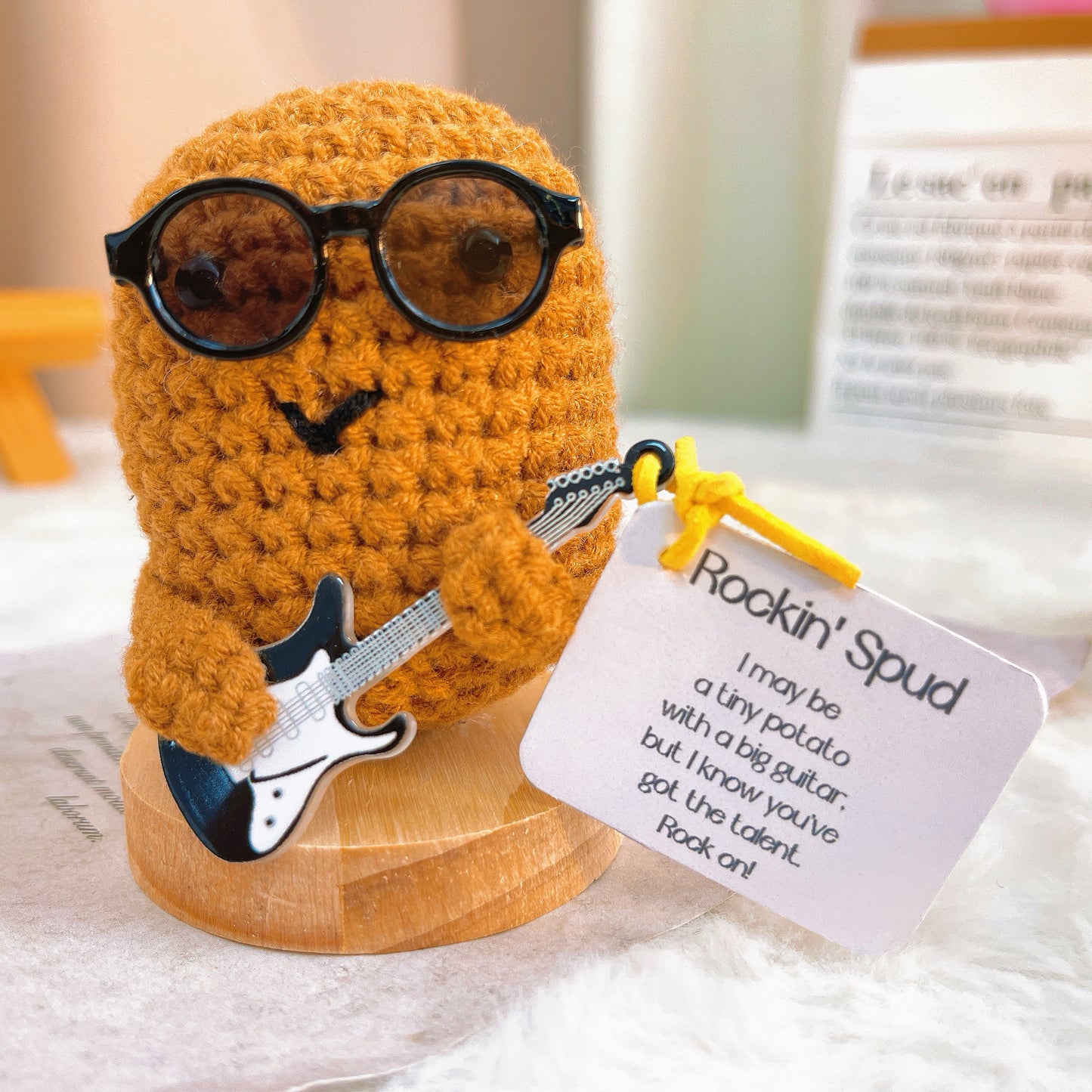 Handmade Crochet Rockin' Spud Plushie - Potato Decor with Positive Customizable Card, Sunglasses &  Guitar Hero, Perfect Gift for Rock & Roll Music Lovers & Home Decor