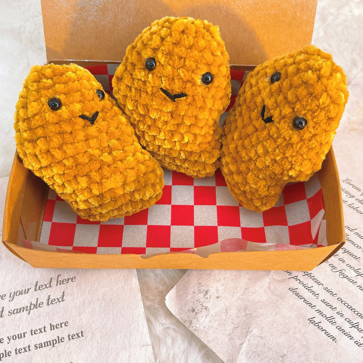 Handmade Positive Chicken Trio-Nugget Set - 3 Piece Crochet Plush Chicken Nuggets in Takeout Box with Customizable Card - Unique Gag Gift for Birthdays, Holidays, and Cheer-Up Moments