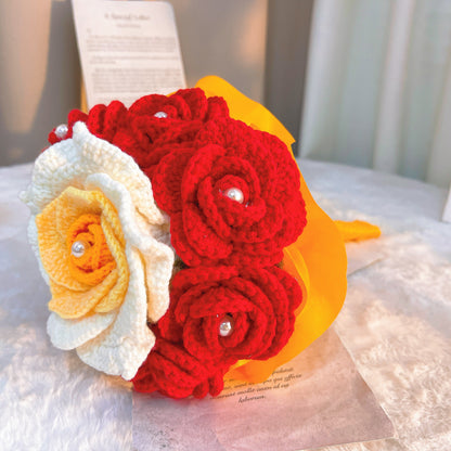 Handheld Bridal Crochet Flower Bouquet - Allergy-Friendly, 7 Red Roses with Pearl Accents, and Gradient White-Yellow-Orange Rose - Perfect for Weddings, Anniversaries, and Special Occasions