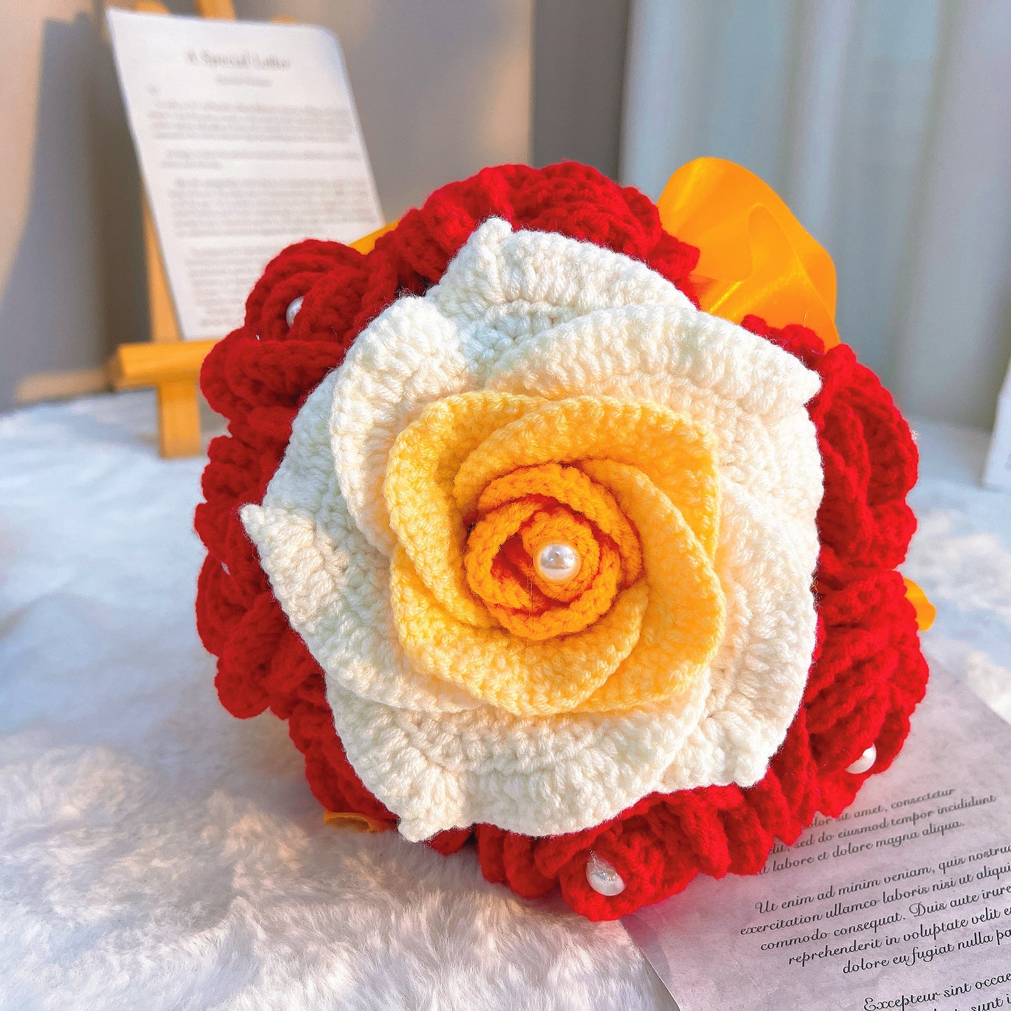 Handheld Bridal Crochet Flower Bouquet - Allergy-Friendly, 7 Red Roses with Pearl Accents, and Gradient White-Yellow-Orange Rose - Perfect for Weddings, Anniversaries, and Special Occasions