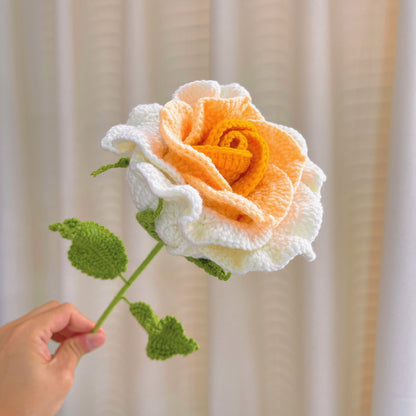 Handheld Bridal Crochet Flower Bouquet - Allergy-Friendly, 7 Red Roses with Pearl Accents, and Gradient White-Yellow-Orange Rose - Perfect for Weddings, Anniversaries, and Special Occasions