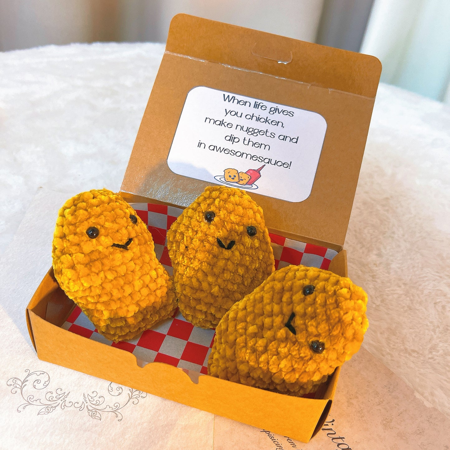 Handmade Positive Chicken Trio-Nugget Set - 3 Piece Crochet Plush Chicken Nuggets in Takeout Box with Customizable Card - Unique Gag Gift for Birthdays, Holidays, and Cheer-Up Moments