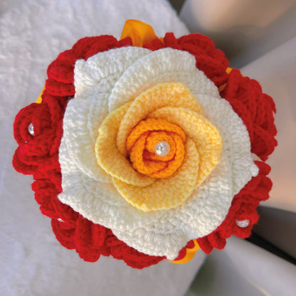 Handheld Bridal Crochet Flower Bouquet - Allergy-Friendly, 7 Red Roses with Pearl Accents, and Gradient White-Yellow-Orange Rose - Perfect for Weddings, Anniversaries, and Special Occasions