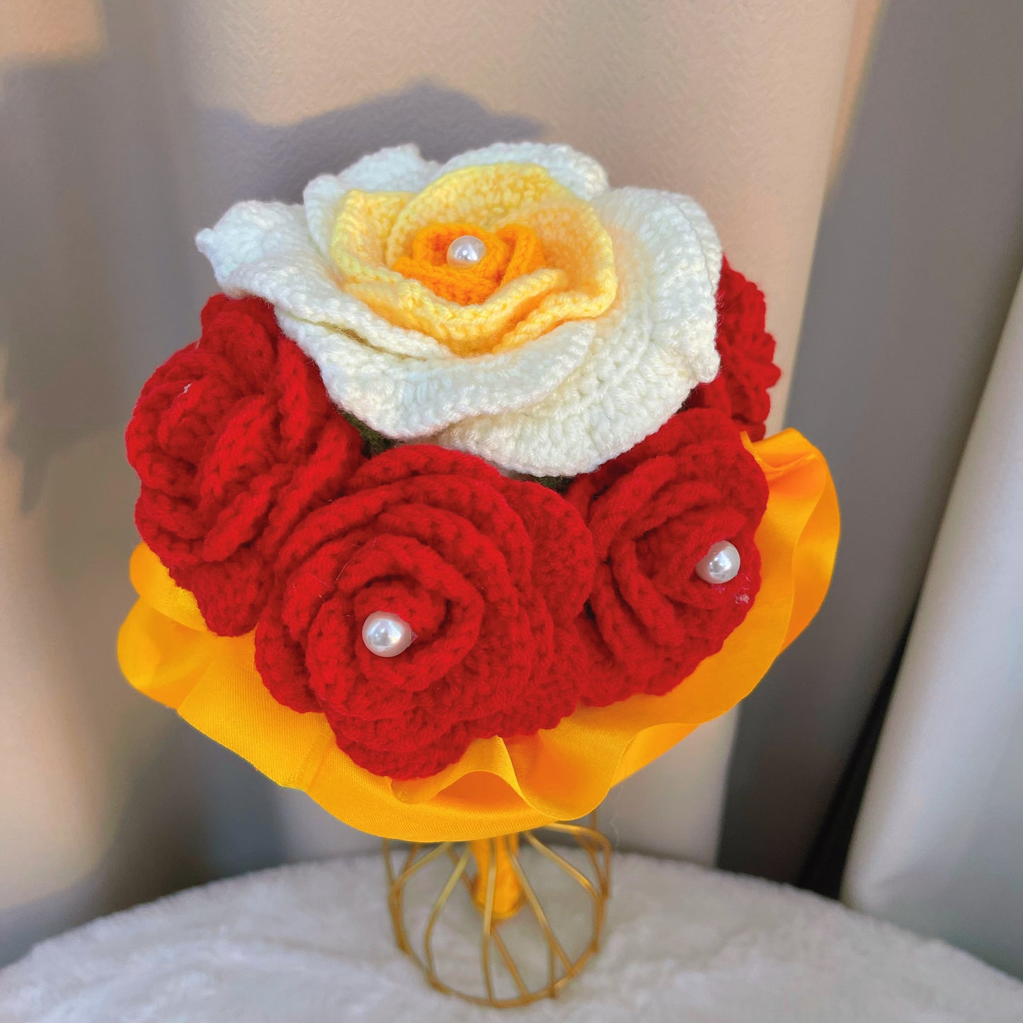 Handheld Bridal Crochet Flower Bouquet - Allergy-Friendly, 7 Red Roses with Pearl Accents, and Gradient White-Yellow-Orange Rose - Perfect for Weddings, Anniversaries, and Special Occasions