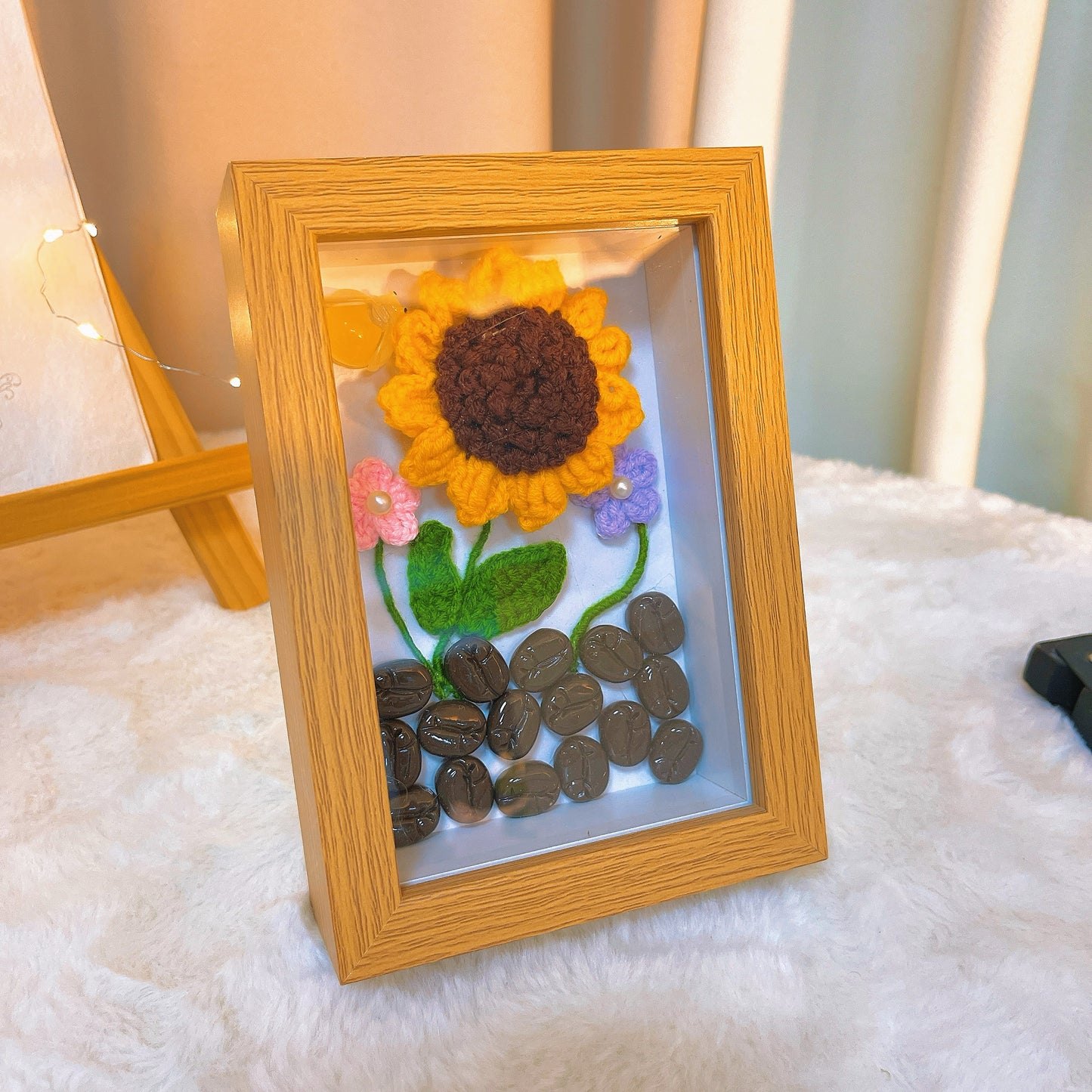 Handmade Crochet Flower Frame with Faux Coffee Beans - 6-inch Photo Frame - Featuring Sunflowers, Daisies, and a Glowing Firefly - Unique Gift for Home Décor, Birthdays, Weddings, and More