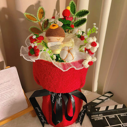 Christmas Theme Crochet Flower and Angel Bouquet in Red Lambswool - Handmade Festive Bucket Arrangement with Customizable Card | LED Light Decor | Perfect for Holiday Gifts & Home Decoration