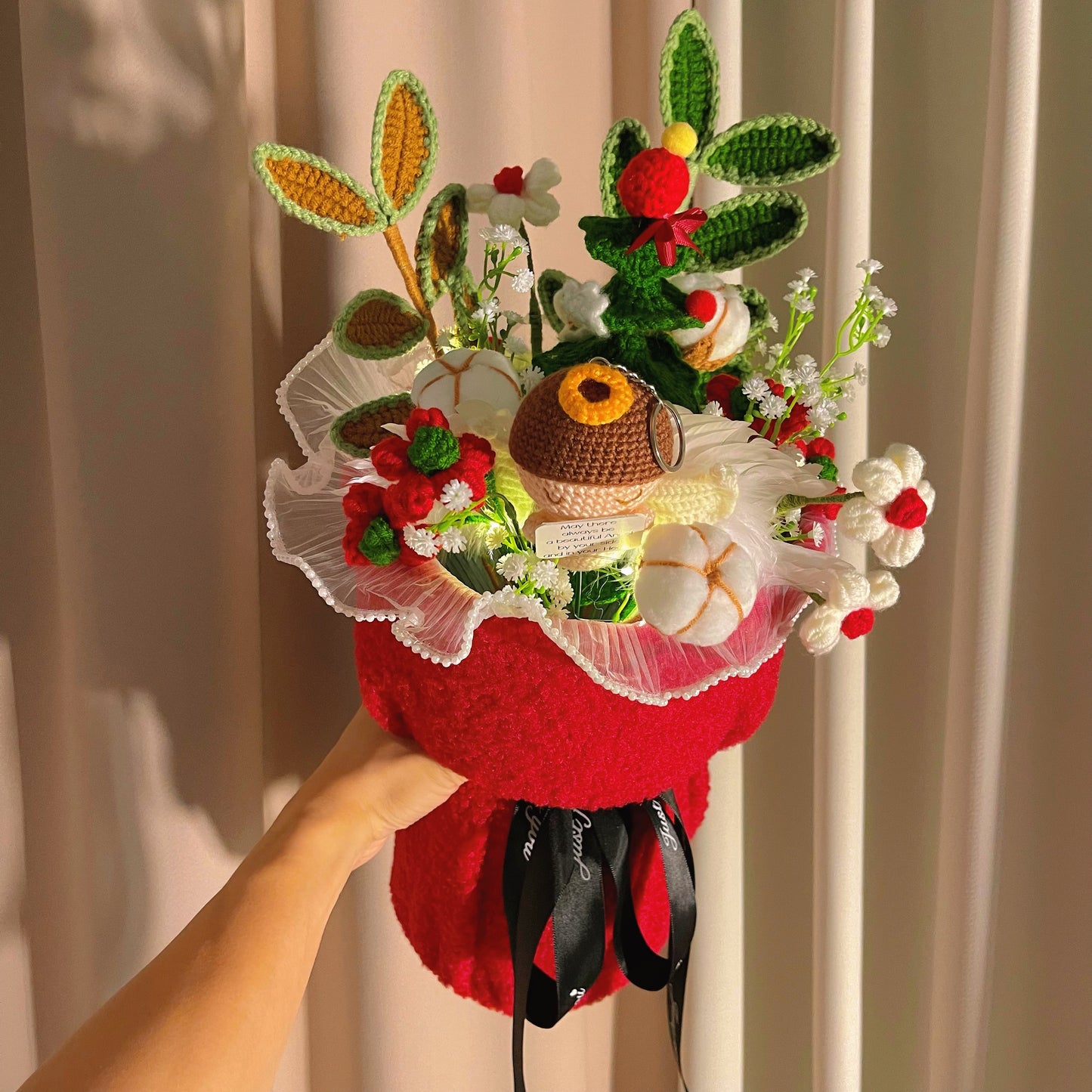 Christmas Theme Crochet Flower and Angel Bouquet in Red Lambswool - Handmade Festive Bucket Arrangement with Customizable Card | LED Light Decor | Perfect for Holiday Gifts & Home Decoration