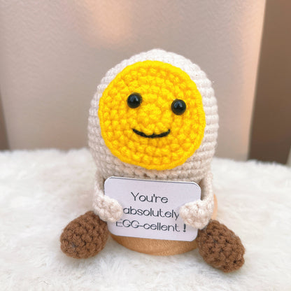 Custom Text Positive Crochet Egg - Handmade Cute Boiled Egg Figurine with Arms and Legs, "You're Absolutely EGG-cellent!" Card, Perfect Gift for Easter, Birthdays, Inspiring Uplifting Excellent Home Decor, and Special Occasions