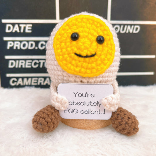 Custom Text Positive Crochet Egg - Handmade Cute Boiled Egg Figurine with Arms and Legs, "You're Absolutely EGG-cellent!" Card, Perfect Gift for Easter, Birthdays, Inspiring Uplifting Excellent Home Decor, and Special Occasions