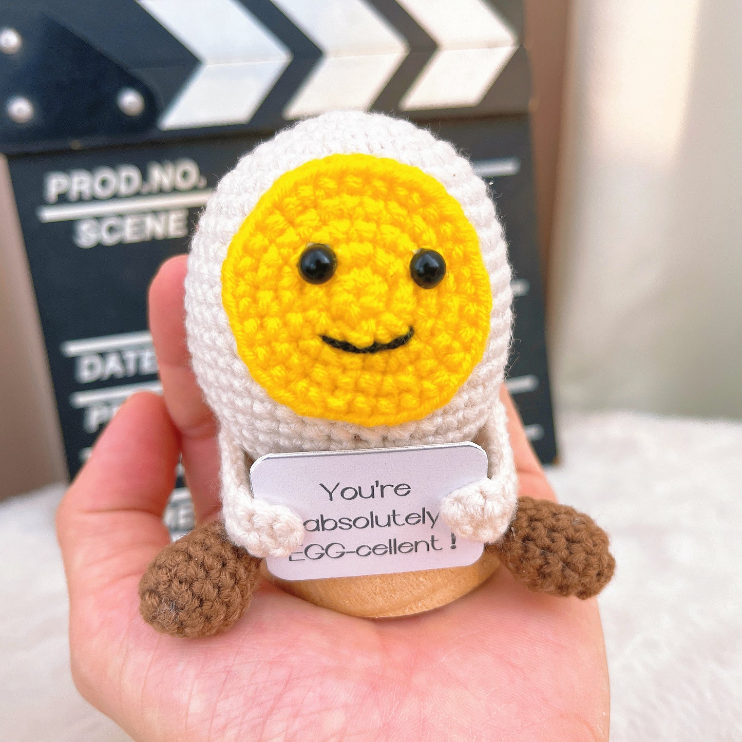 Custom Text Positive Crochet Egg - Handmade Cute Boiled Egg Figurine with Arms and Legs, "You're Absolutely EGG-cellent!" Card, Perfect Gift for Easter, Birthdays, Inspiring Uplifting Excellent Home Decor, and Special Occasions