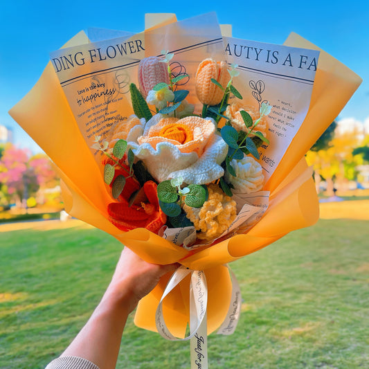 Handmade Yellow-Themed Crochet Flower Bouquet with Large White and Yellow Roses, Assorted Mini Roses, Closed Pink and Yellow Tulips, Open Orange Tulips, White and Yellow Carnations, Puff Flowers - Perfect Allergy-Friendly Gift for All Occasions