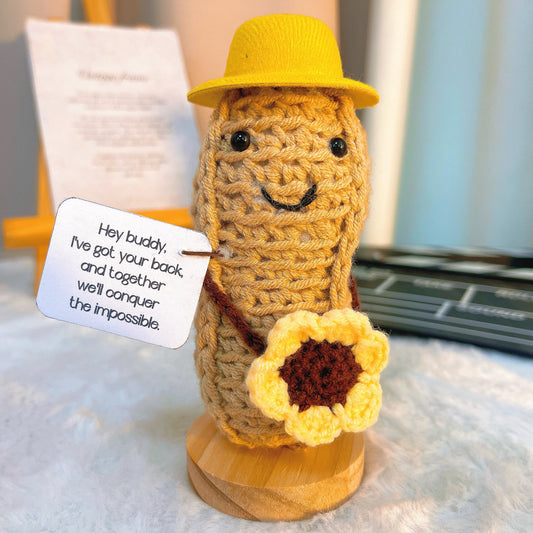 Amusable Peanut Supportive Plushie with Customizable Message Card - Adorable Yellow Hat and Sunflower, Perfect Jelly Crochet Custom Gift for Friendship, Birthdays, Celebrations, and Encouragement