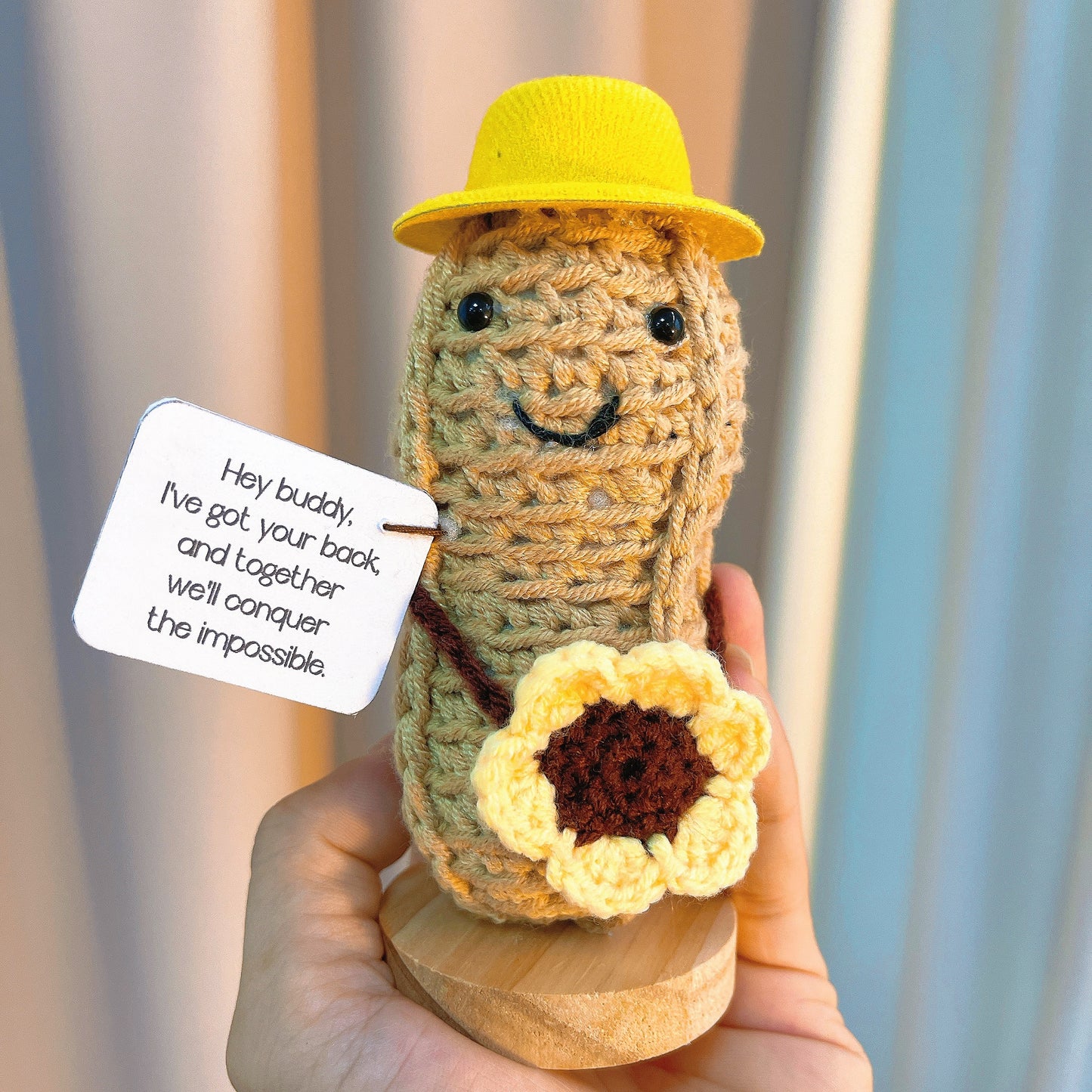 Amusable Peanut Supportive Plushie with Customizable Message Card - Adorable Yellow Hat and Sunflower, Perfect Jelly Crochet Custom Gift for Friendship, Birthdays, Celebrations, and Encouragement