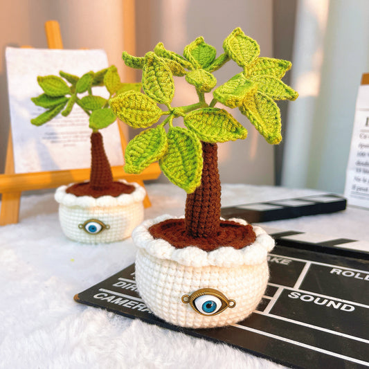 Handmade Crochet Money Tree Good Luck Nazar Eye Potted Plant - Adjustable Leaves and Stem - Perfect for Office, Window Sill, Vanity, or Nightstand - Allergy-Friendly Decorative Plant - Symbol of Wealth and Prosperity