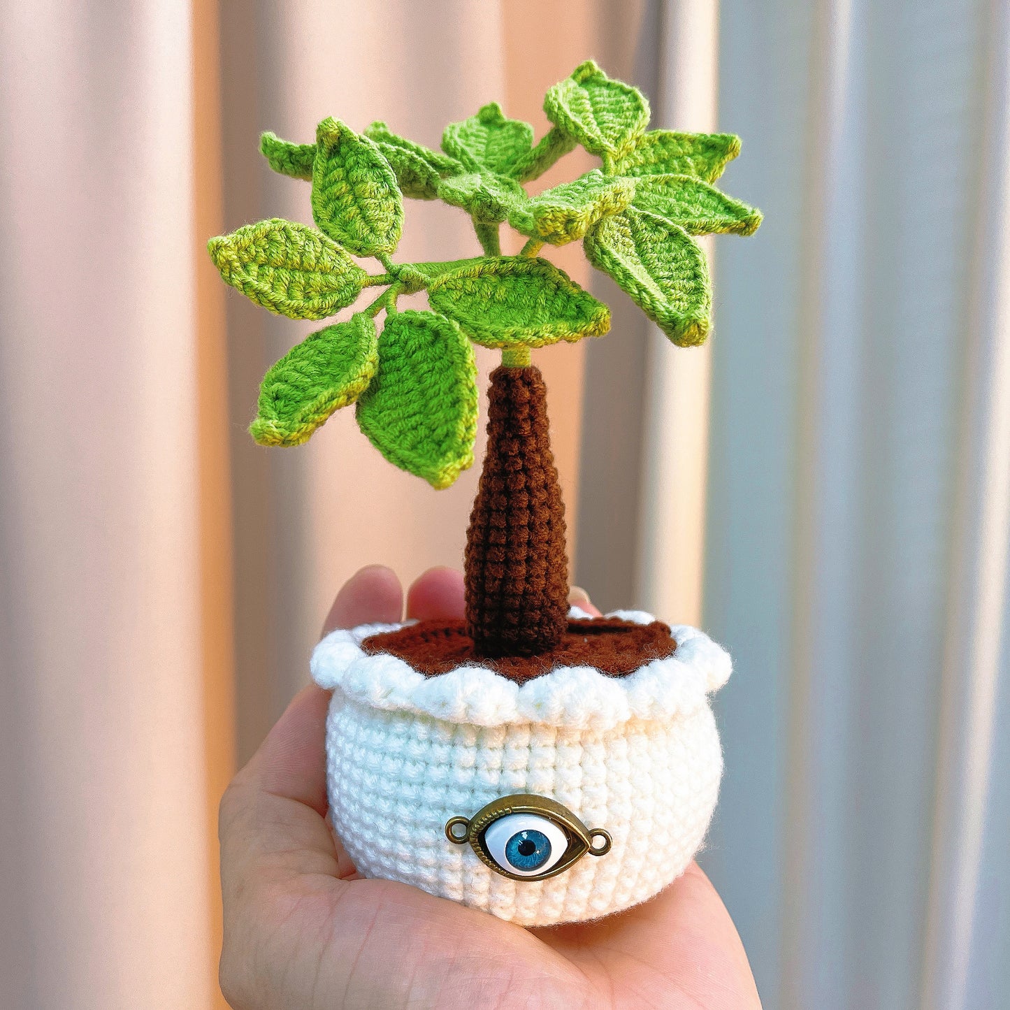 Handmade Crochet Money Tree Good Luck Nazar Eye Potted Plant - Adjustable Leaves and Stem - Perfect for Office, Window Sill, Vanity, or Nightstand - Allergy-Friendly Decorative Plant - Symbol of Wealth and Prosperity