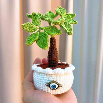 Handmade Crochet Money Tree Good Luck Nazar Eye Potted Plant - Adjustable Leaves and Stem - Perfect for Office, Window Sill, Vanity, or Nightstand - Allergy-Friendly Decorative Plant - Symbol of Wealth and Prosperity